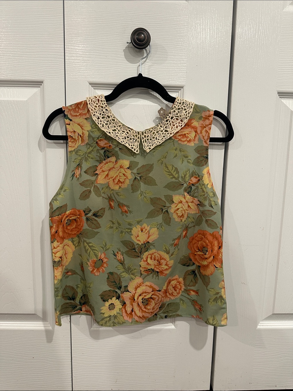 FARM Rio Sage Green Floral Sleeveless Top with Lace Collar